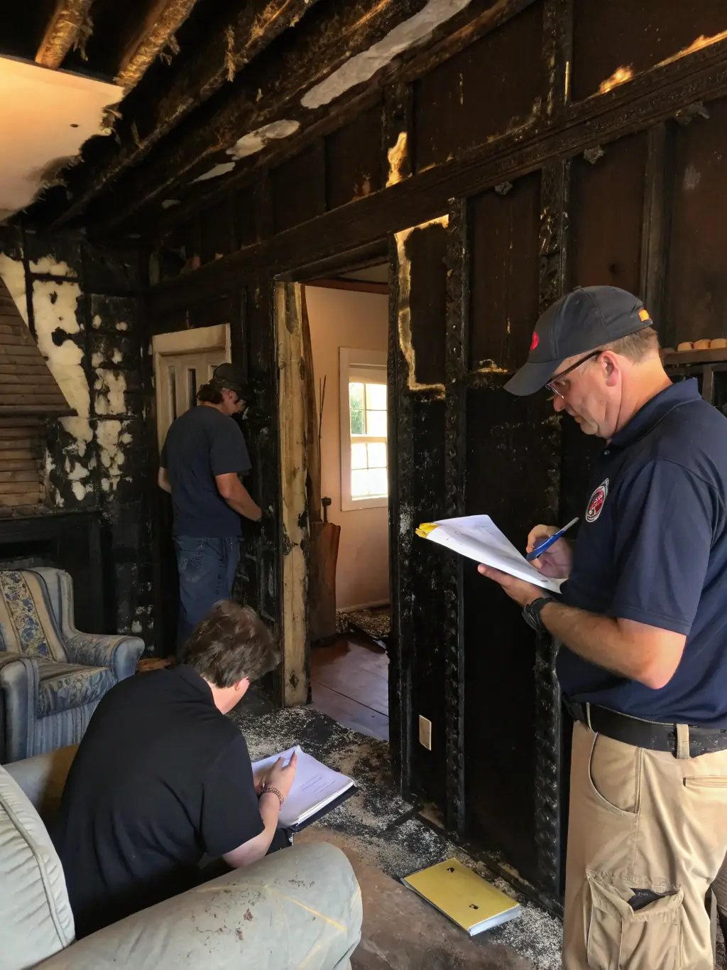 A photo of a fire-damaged living room with visible soot and char, alongside Riverside Restoration's team assessing the damage and planning restoration.