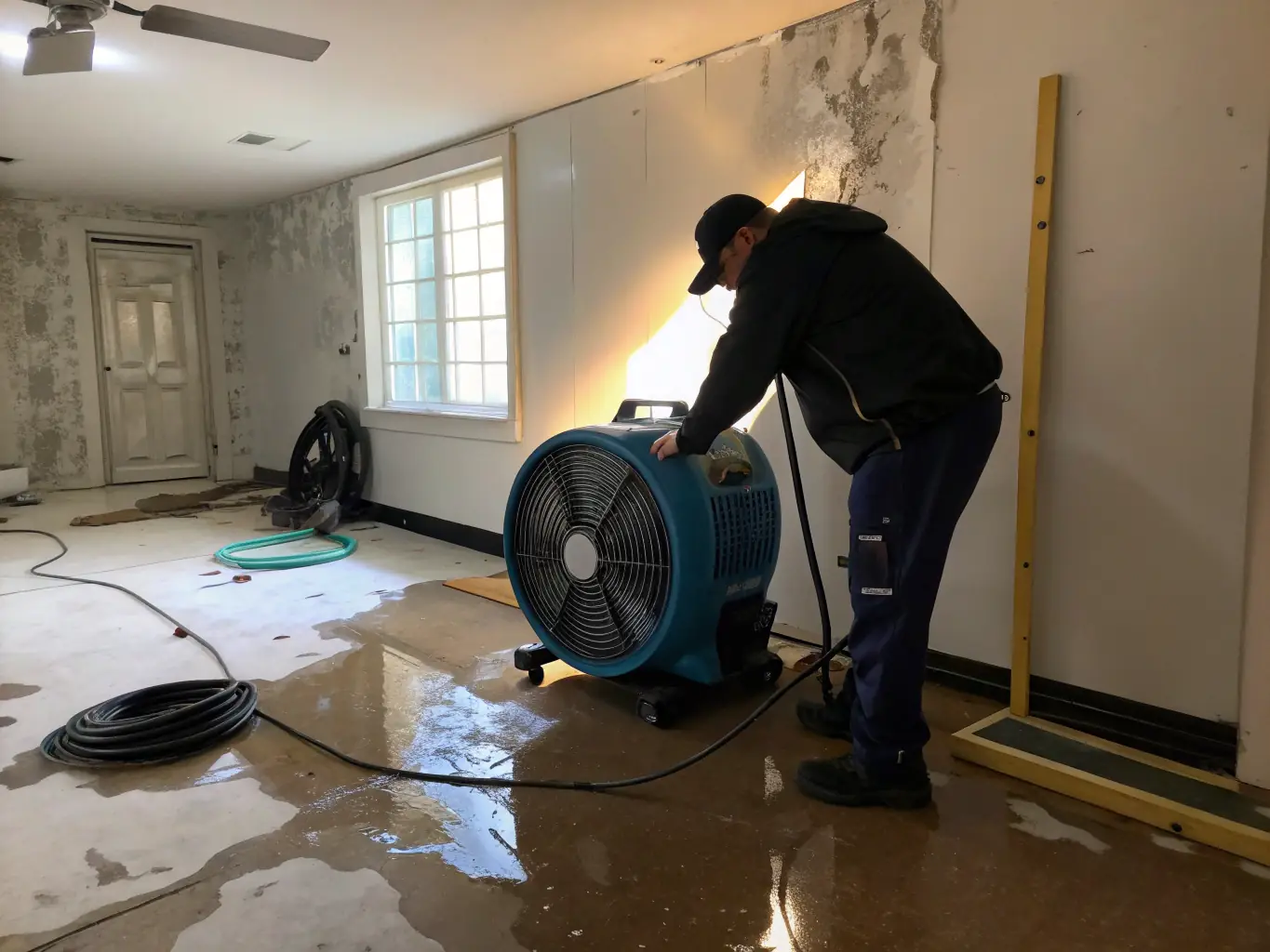 A team of technicians using advanced drying equipment to restore a water-damaged living room, showcasing Riverside Restoration's expertise in water damage restoration.