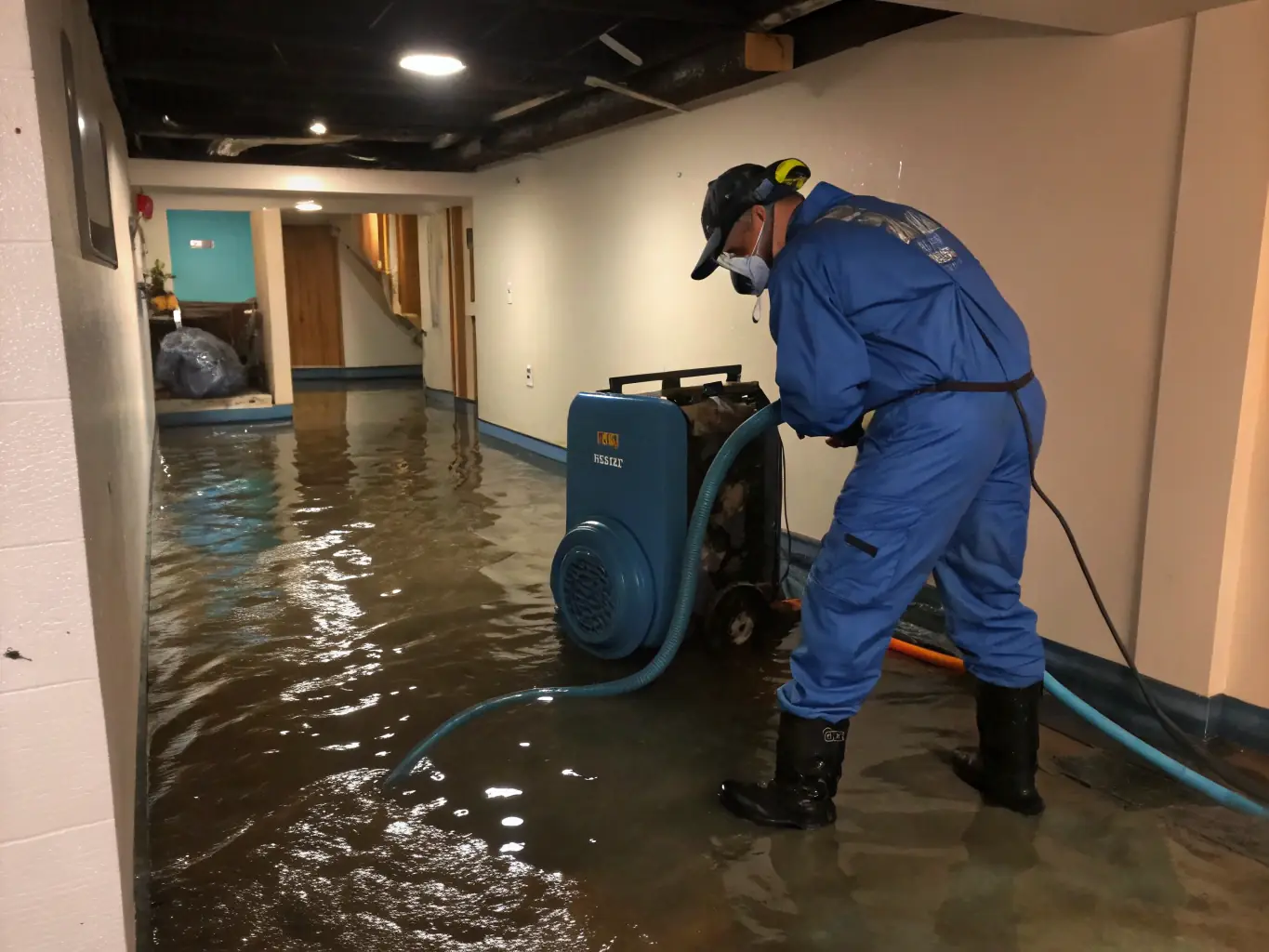 A team working on water extraction in a commercial office space, highlighting Riverside Restoration's commercial water damage restoration services.