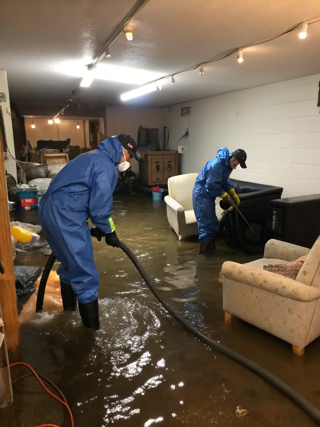 A photo of a flooded basement with restoration workers using pumps and water extraction equipment, showcasing Riverside Restoration's water damage restoration service.