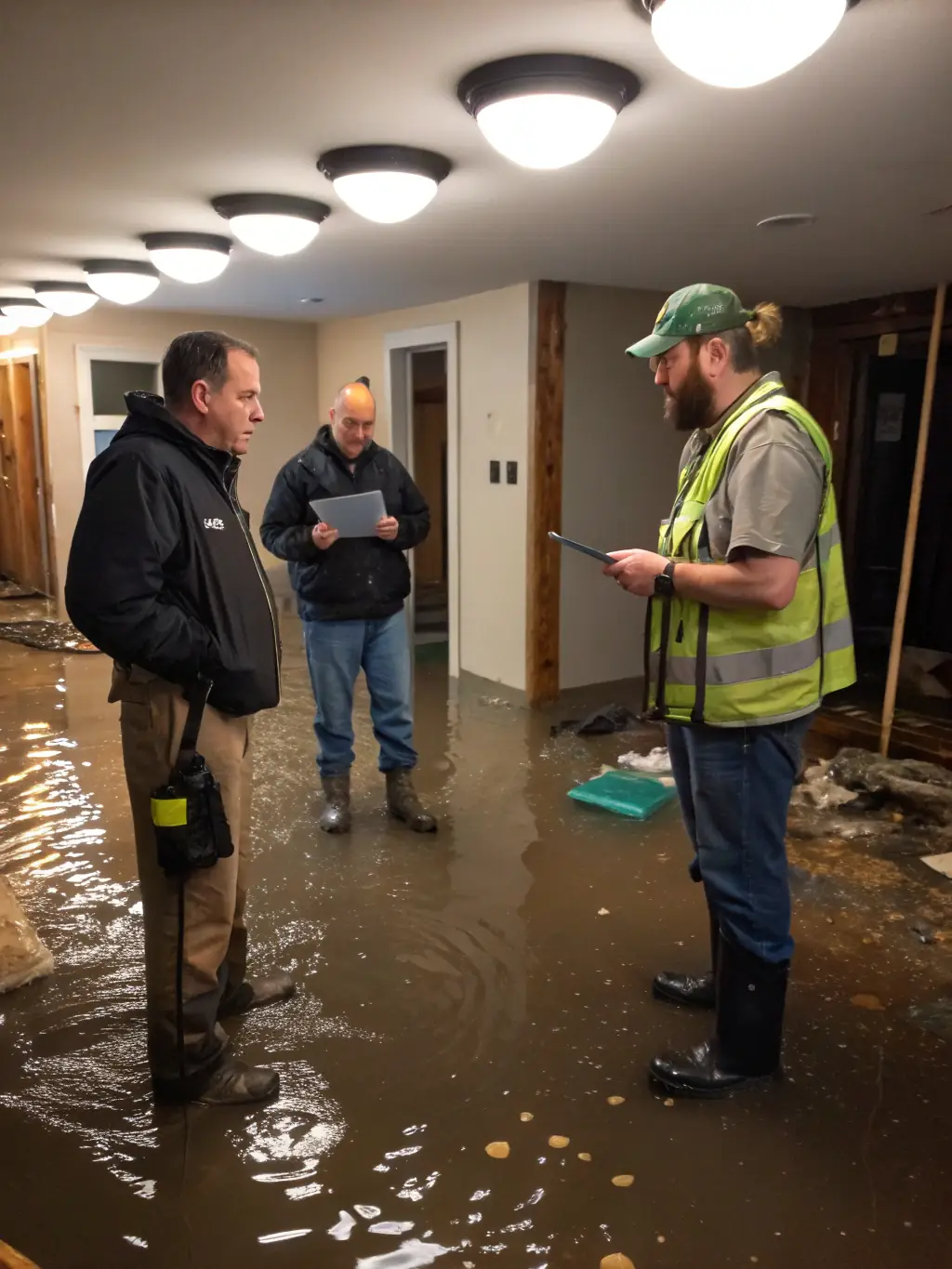 A photo of a commercial building with water damage, showing Riverside Restoration's team working to mitigate the damage and restore the property.