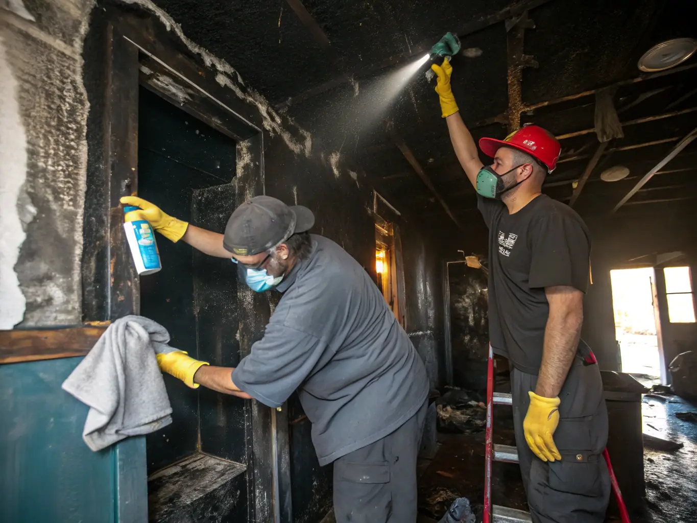 Restoration specialists cleaning soot from a burned wall with specialized equipment, demonstrating Riverside Restoration's fire damage restoration process.
